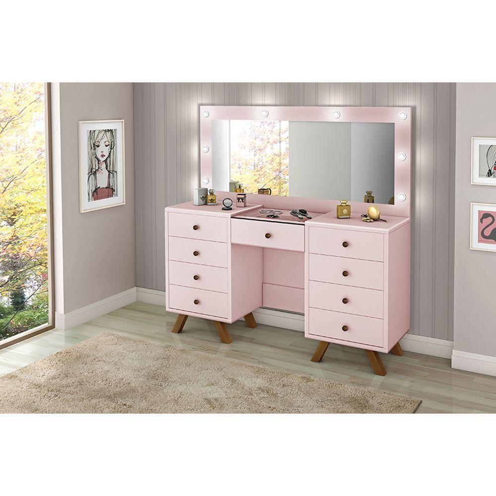 Miniatura Penteadeira Mila Camarim Com 8 Gavetas E Porta Joias Com Tampo De Vidro - Rose