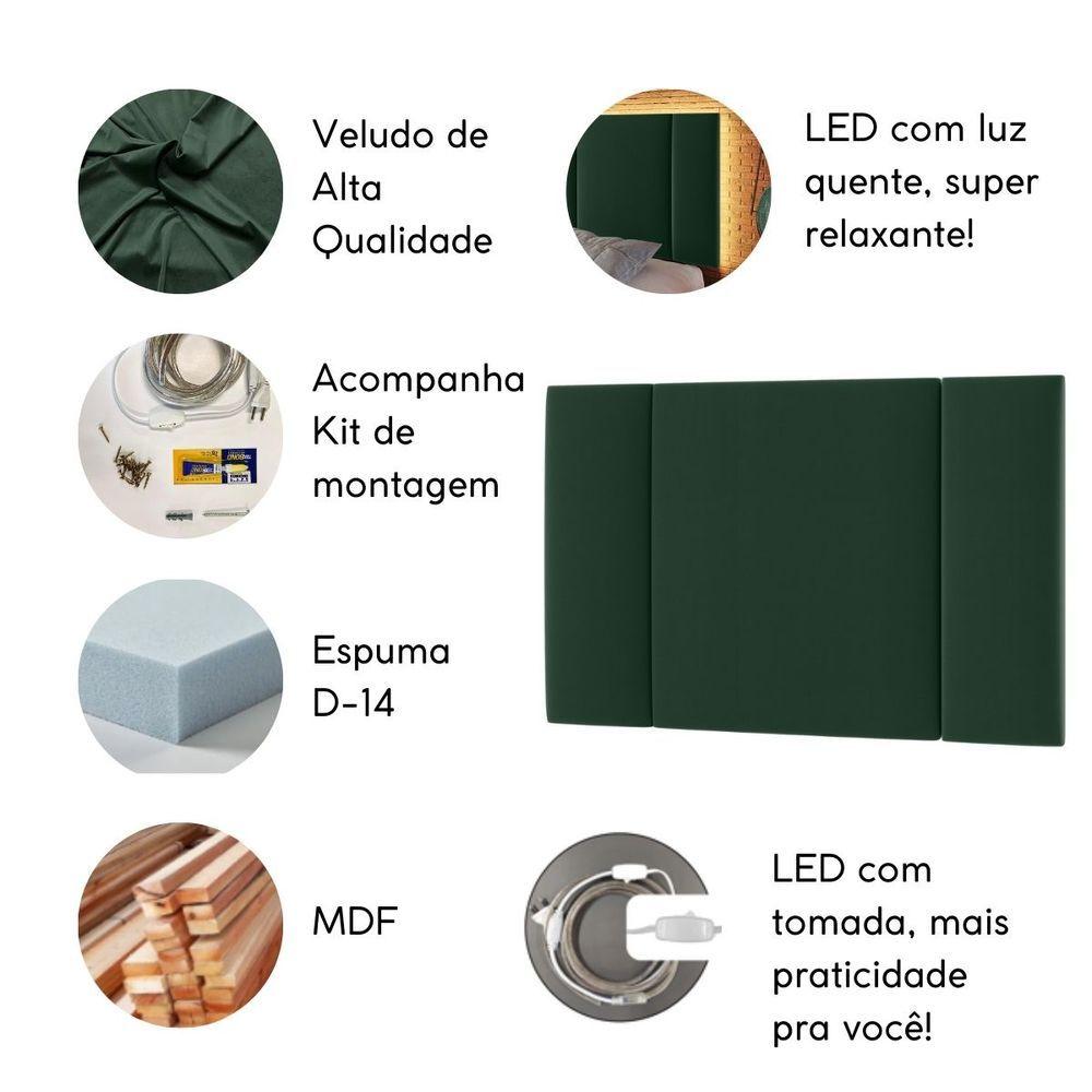 Miniatura Cabeceira Estofada Cama Casal Queen Size Led Moderna 160 Cm Veludo Verde