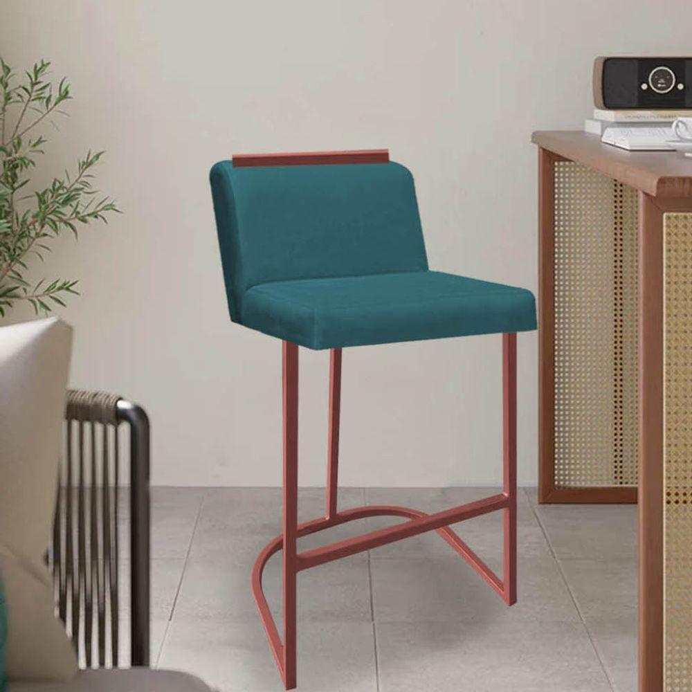 Miniatura Banqueta Com Encosto Ninna Bistrô Cozinha Aplique Ferro Bronze Suede Azul Turquesa - Ahazzo Móveis
