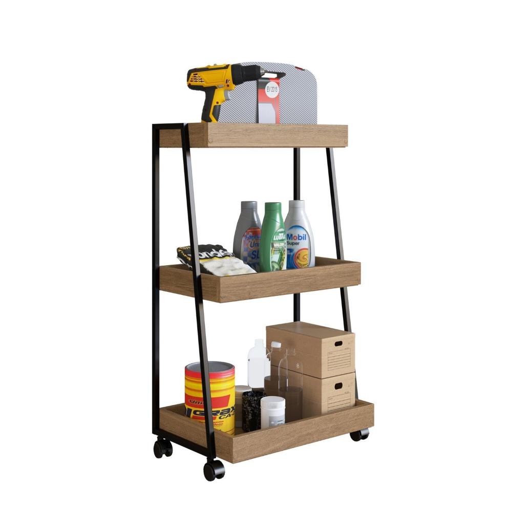 Carinho Organizador Multiuso com 3 Prateleiras e Rodizios Preto/Mel