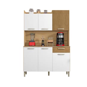 Miniatura Cozinha Compacta Kit`s Paraná Florence com 6 Portas, 1 Gaveta e 2 Prateleiras - 121,5cm de largura Branco/Freijó