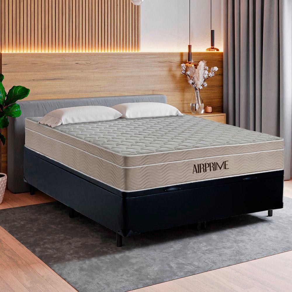 Cama Box Baú Casal Sintético Cremil + Colchão Molas Ensacadas Airprime 138cm Preto - Suporta Até 120kg Por Pessoa