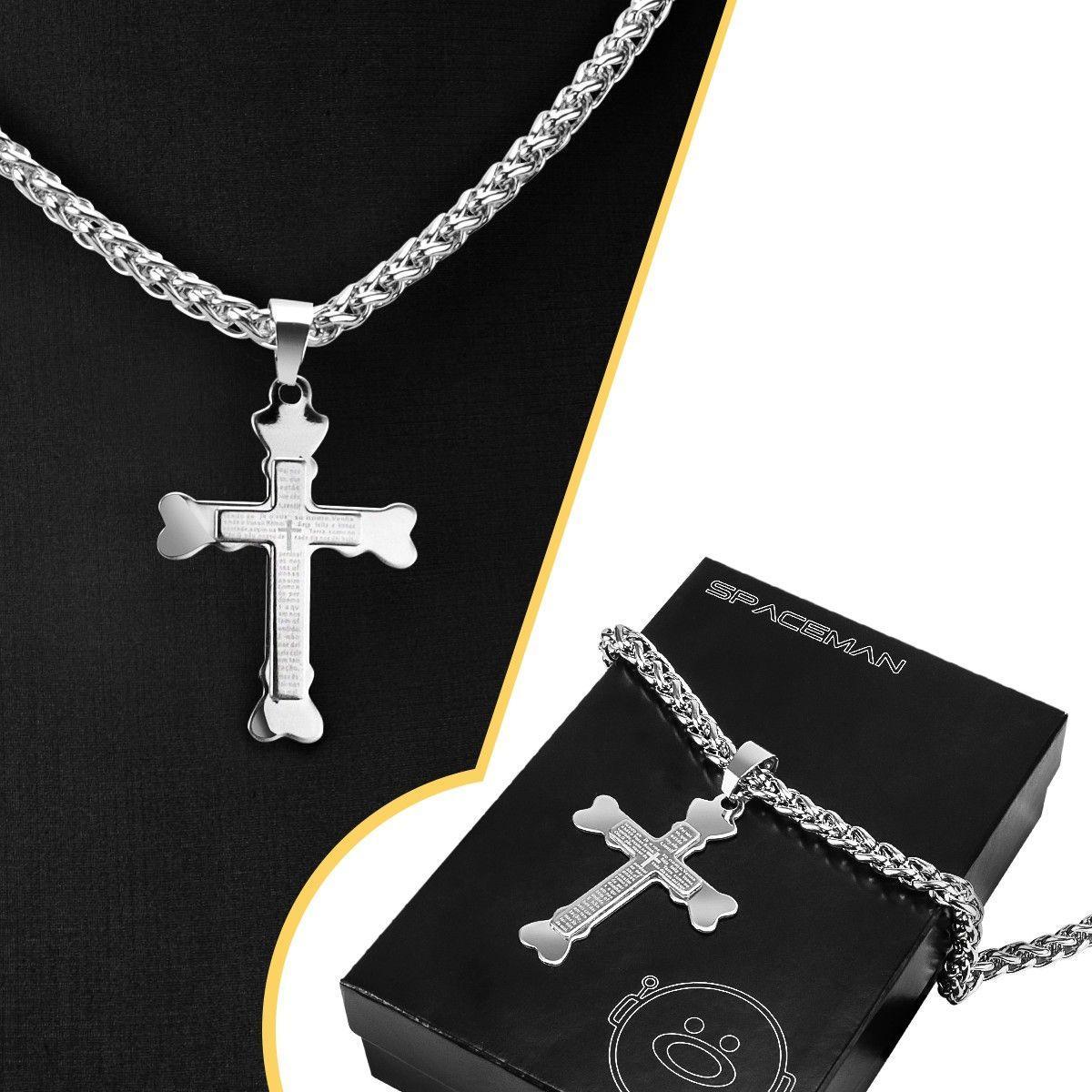 Miniatura Pingente Cruz Pai Nosso + Cordão Aço Inox Prata Presente