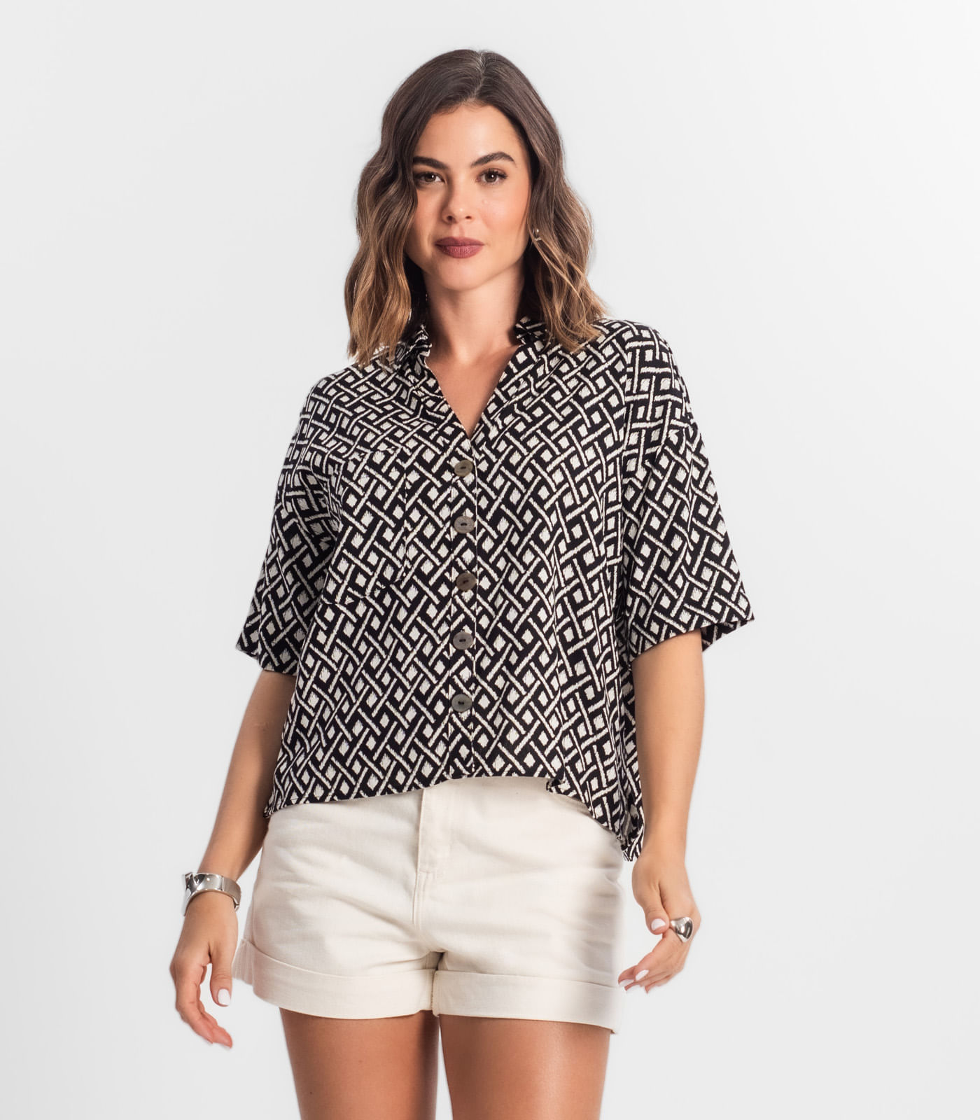 Miniatura Camisa Feminina Estampada Com Botões Select Preto G