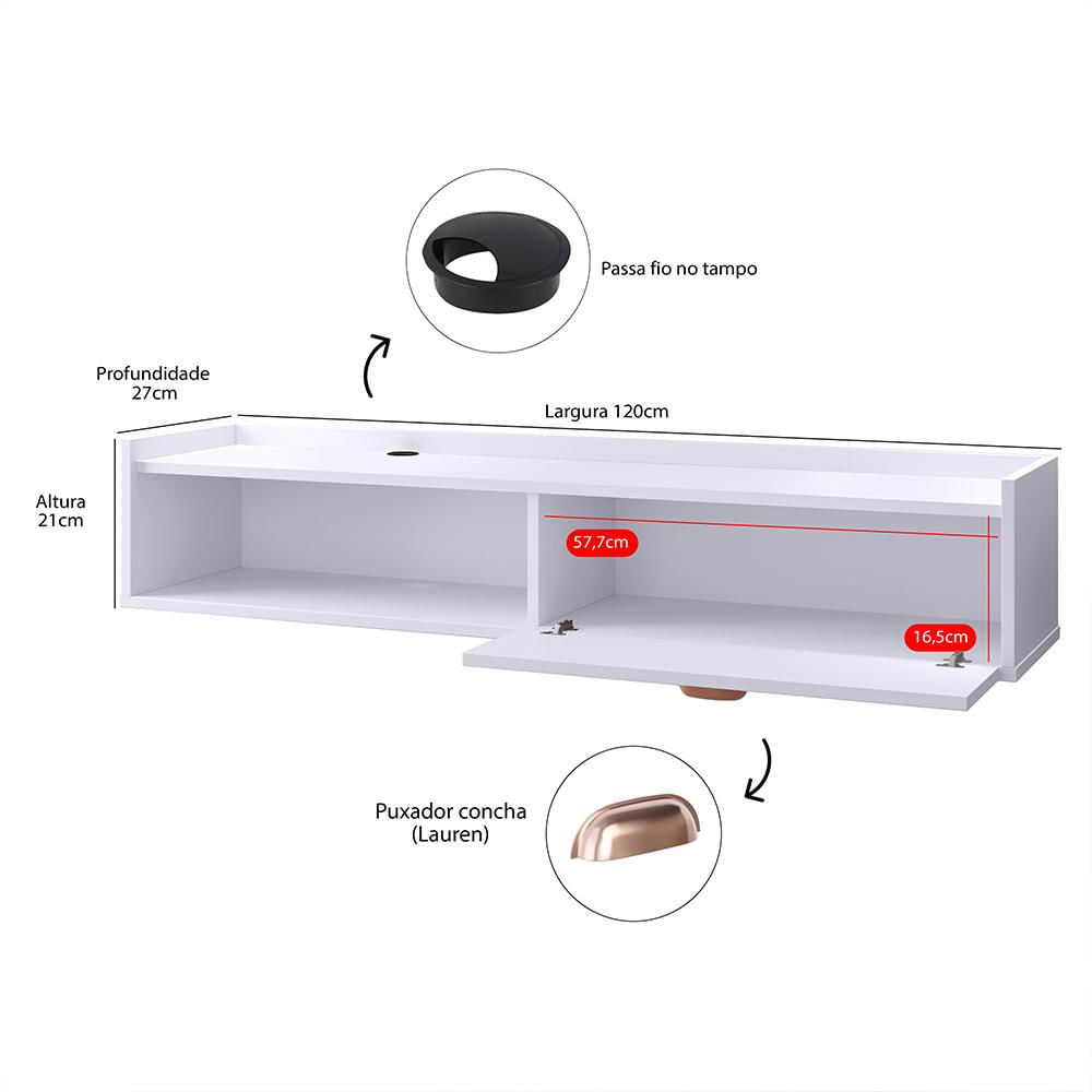 Miniatura Rack Suspenso Tv 1.20 Home Decor 1 Porta Puxador Concha Nicho Decorativo Organizador Sala Quarto - Branco - RPM Móveis
