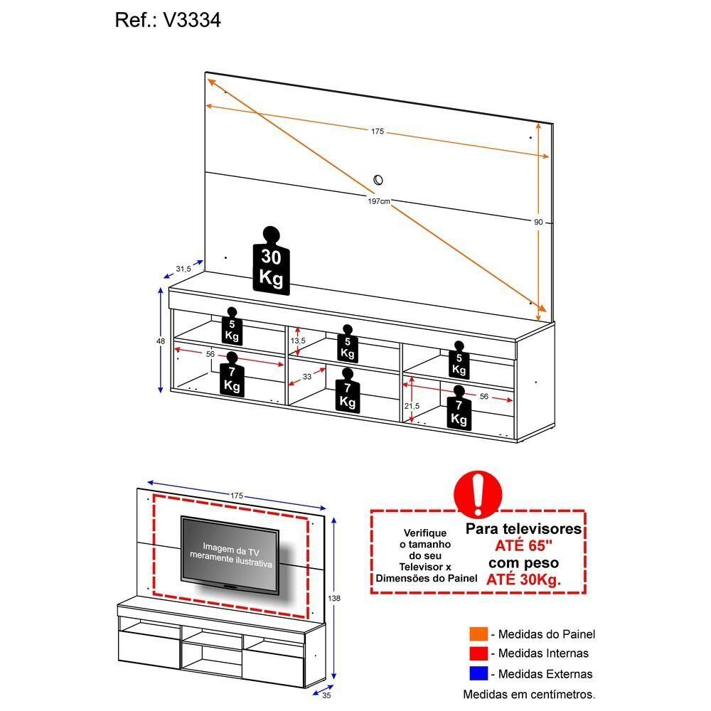 Miniatura Rack Com Painel Tv 65" Com 2 Portas Londres Multimóveis V3334 Branco/Preto Branco/Preto