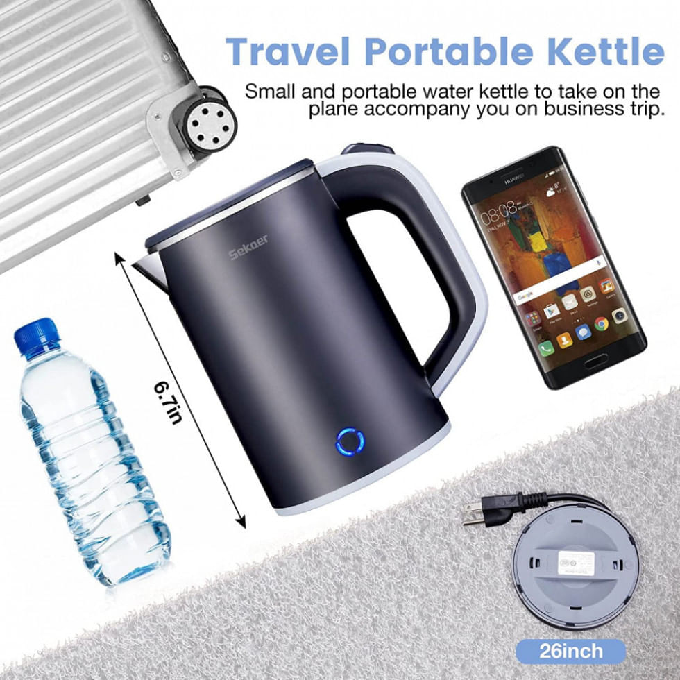 Mini Chaleira Elétrica Sekaer 800mL em Aço Inoxidável com Desligamento Automático e Indicador de LED, 110V, Preta