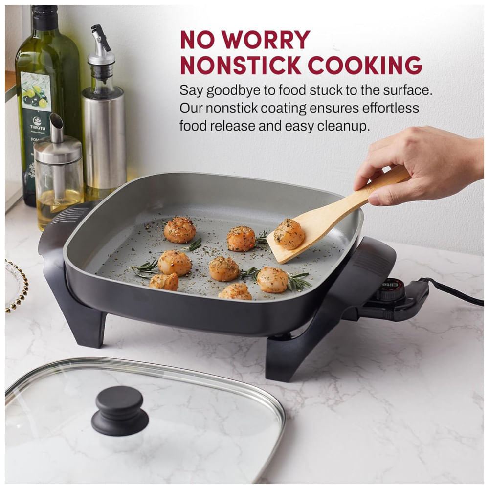 Miniatura Frigideira Elétrica Cerâmica Elite Gourmet EG2212 30,48x30,48x5,46 cm, Livre de PFAS, Cinza Escuro