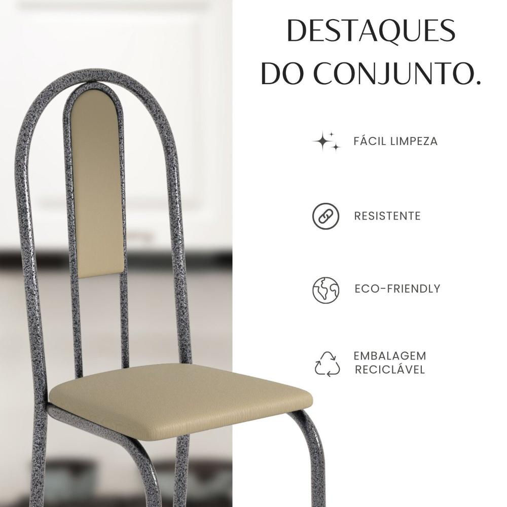 Conjunto Sala de Jantar Mesa Retangular 140x75cm Tampo Granito Topázio 6 Cadeiras Linda Yescasa Creme/Prata