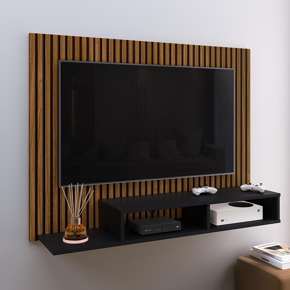 Miniatura Estante Painel Suspenso TV 48 Polegadas Nicho Organizador Prateleira Decorativa Sala Quarto Moderno Dubai Ripado/Preto- RPM Móveis