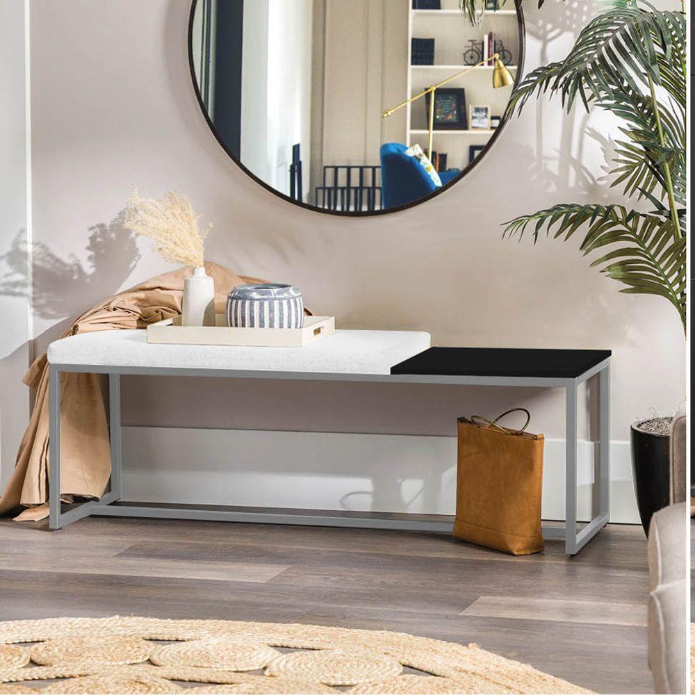 Miniatura Banco Recamier Puff 160cm Industrial Cinza Corino Branco Tampo Quadrado Preto