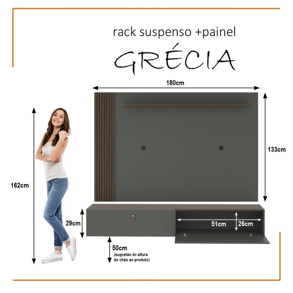 Rack Com Painel Ripado Suspenso Para Tv Até 70 Polegadas 2 Portas Grécia 180cm Cinza