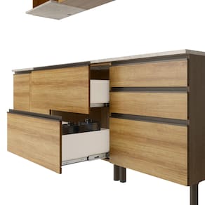 Miniatura Cozinha Bartira Cristal com 8 Portas, 2 Gavetas, 5 Prateleiras e Nicho para Micro-ondas - 300cm de Largura Lâmina Mel e Nude