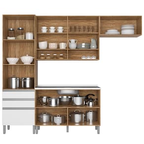 Miniatura Cozinha Compacta Bartira Jaspe com 1 Pia, 6 Portas, 3 Gavetas e 6 Prateleiras - 260,4 cm de Largura Damasco/Branco
