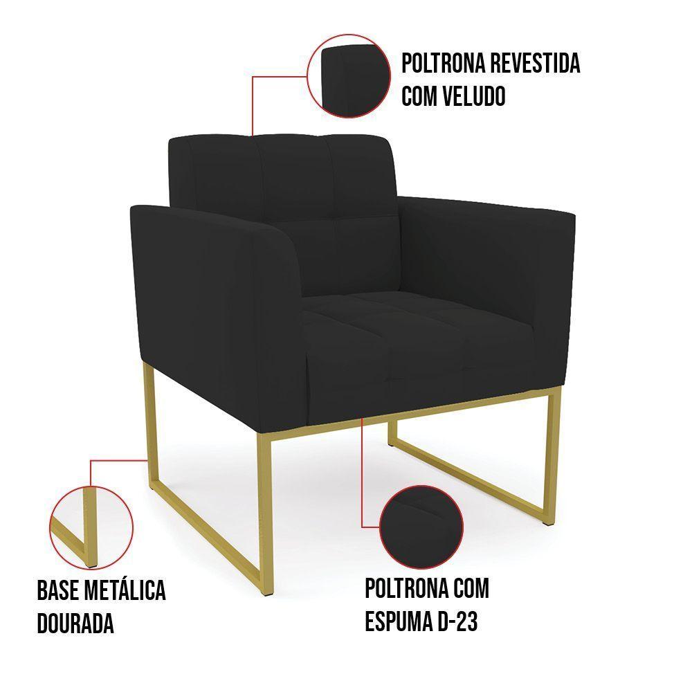 Kit 1 Sofá Namoradeira E 2 Poltronas Elisa Veludo Preto Base Metálica Industrial Dourado - D'rossi