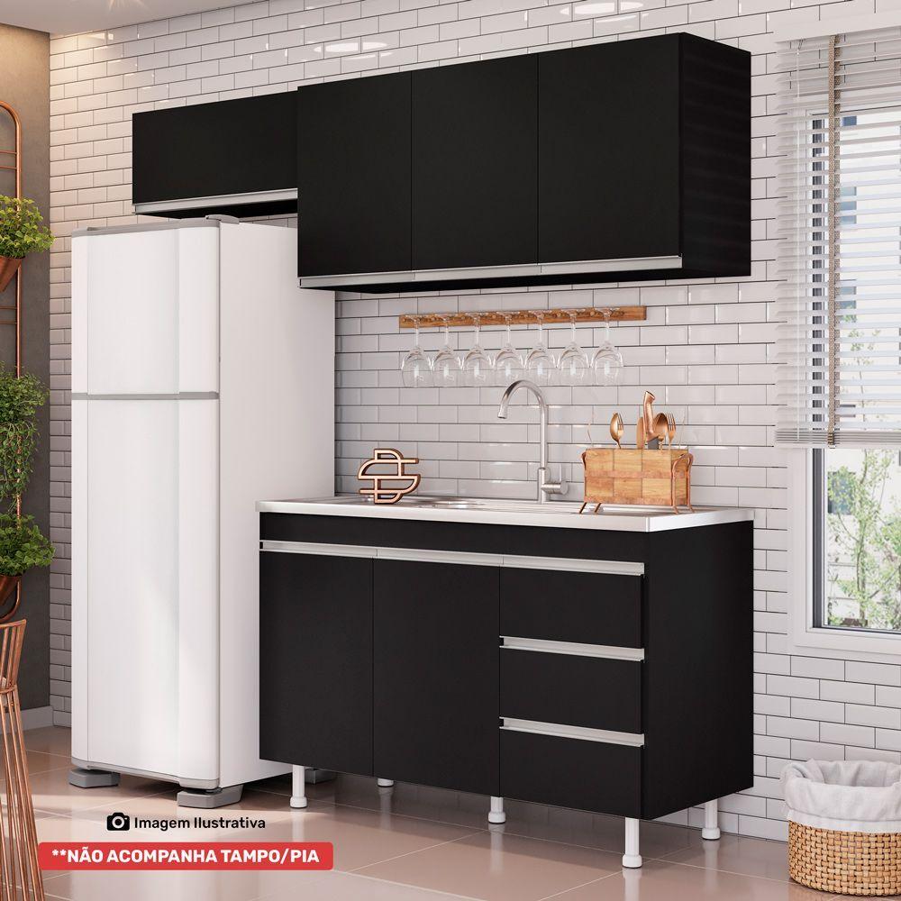 Cozinha Planejada Lux 3 Peças 100%mdf Balcão Gabinete Sem Tampo 119cm 3 Gavetas Preto - Desk Design