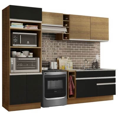 Miniatura Cozinha Completa Madesa Jade com Armário e Balcão (Sem Tampo e Pia) Rustic/Preto/Rustic Cor:Rustic/Preto/Rustic