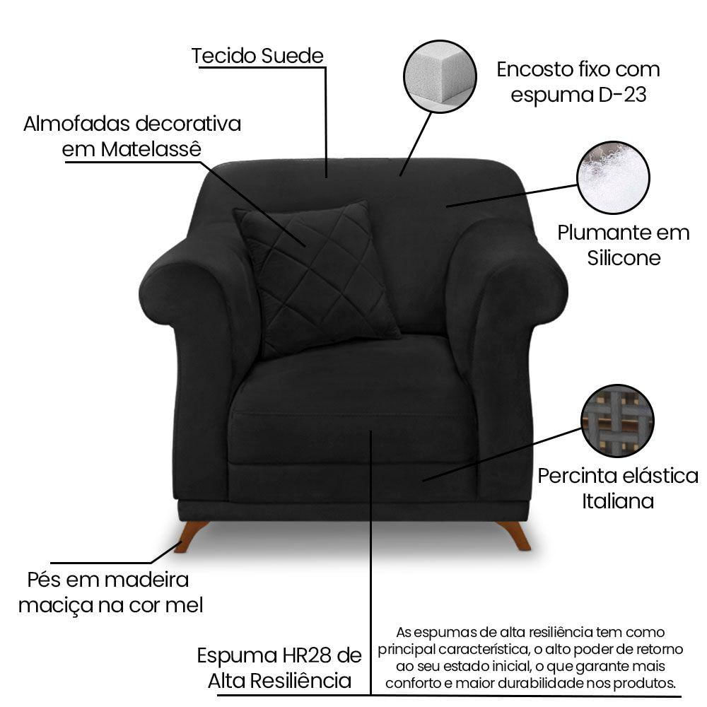Miniatura Kit Poltrona E Sofá 2 Lugares 1,60m Suede Pés Castanho Preto