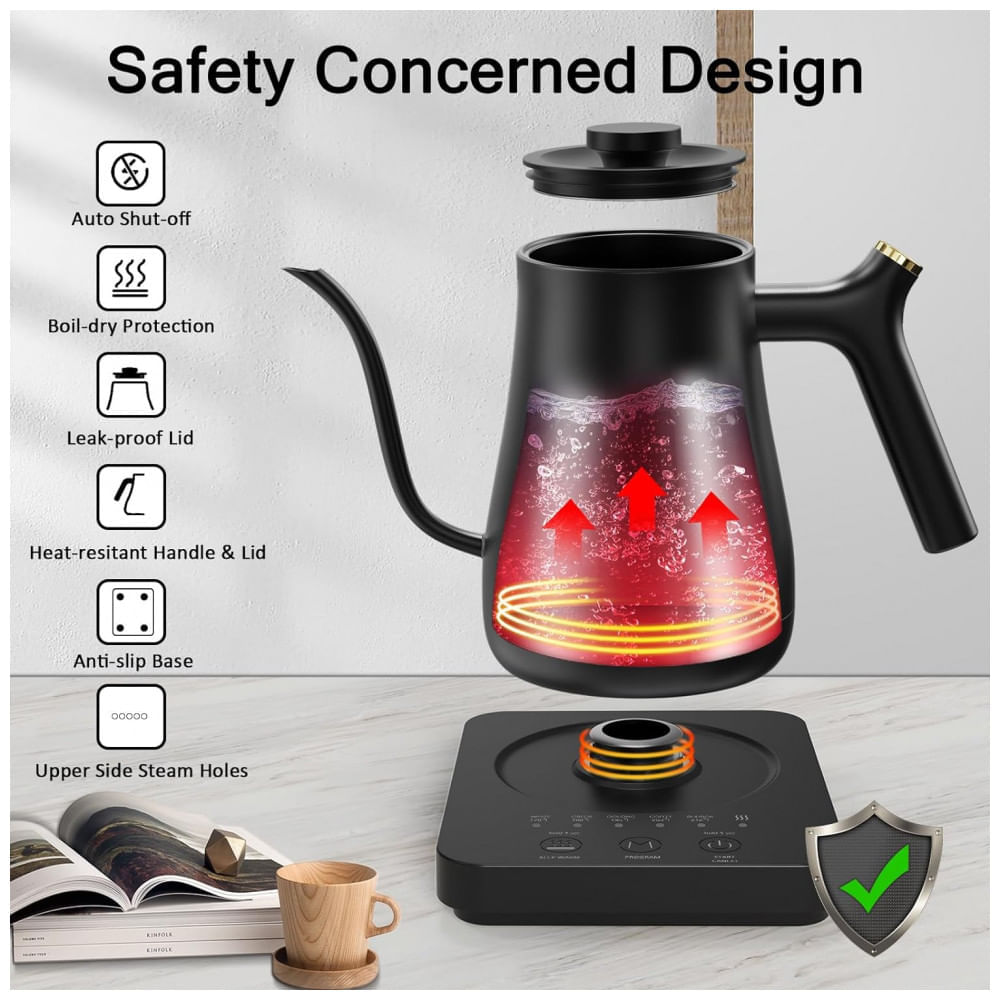 Chaleira Elétrica 800mL em Aço Inoxidável com Controle de Temperatura, 5 Predefinições, 110V 1200W, Ulcreigo, Preta