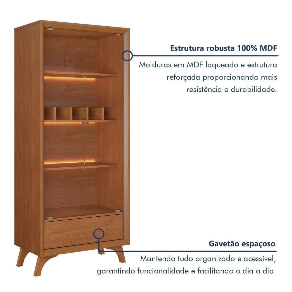 Cristaleira com Adega e Iluminação Led com Pés em Madeira Maciça e 1 Gaveta Prime Naturalle