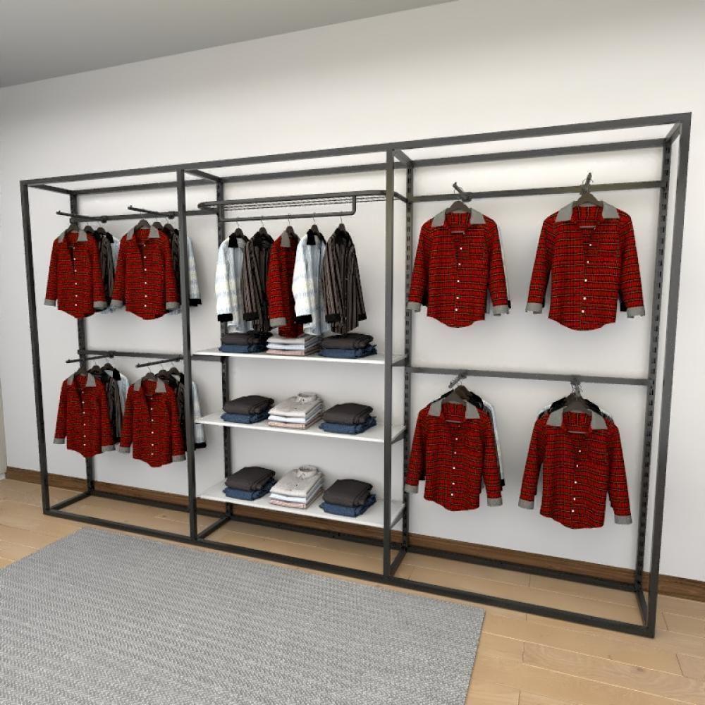 Miniatura Closet Araras, Guarda Roupas Aberto Industrial Com 25 Peças Preto E Branco Fdprb217