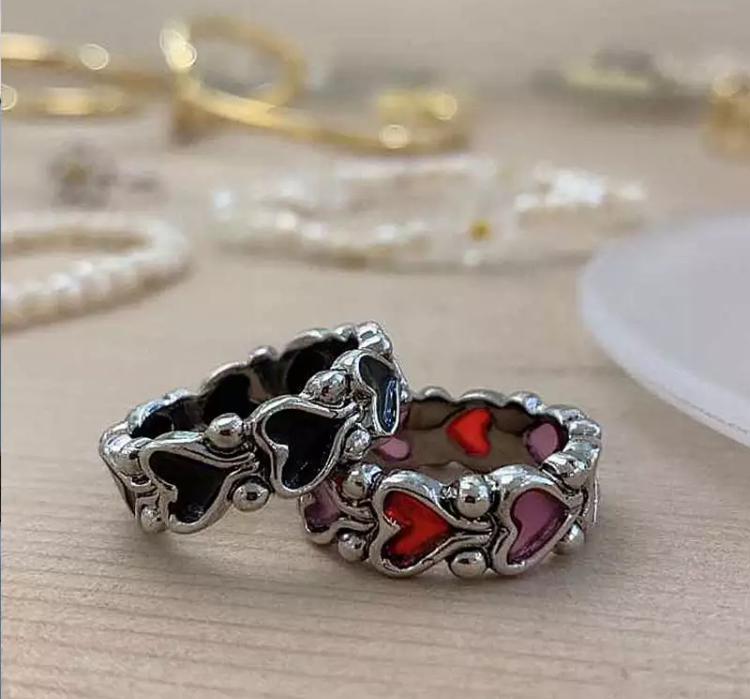 Miniatura Anel Formato Coração Prateado Colorido Vermelho Lilás