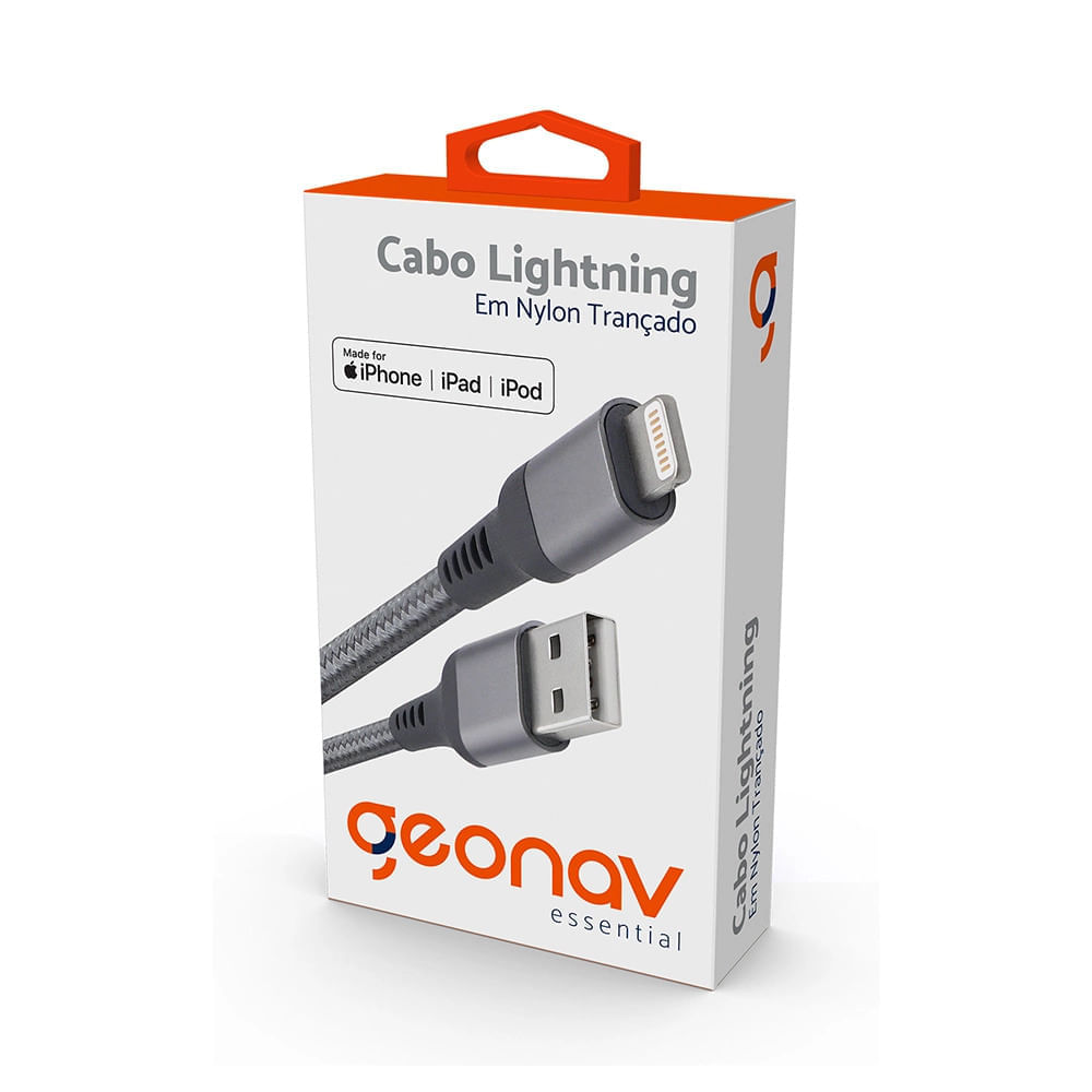 Miniatura Cabo Lightning Geonav MFI em Nylon Trançado com 1,5 Metro Cinza