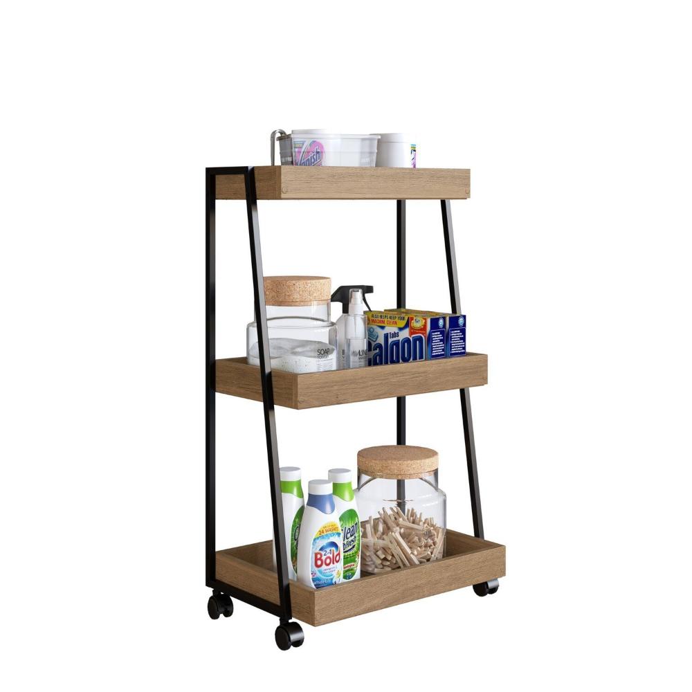 Carinho Organizador Multiuso com 3 Prateleiras e Rodizios Preto/Mel
