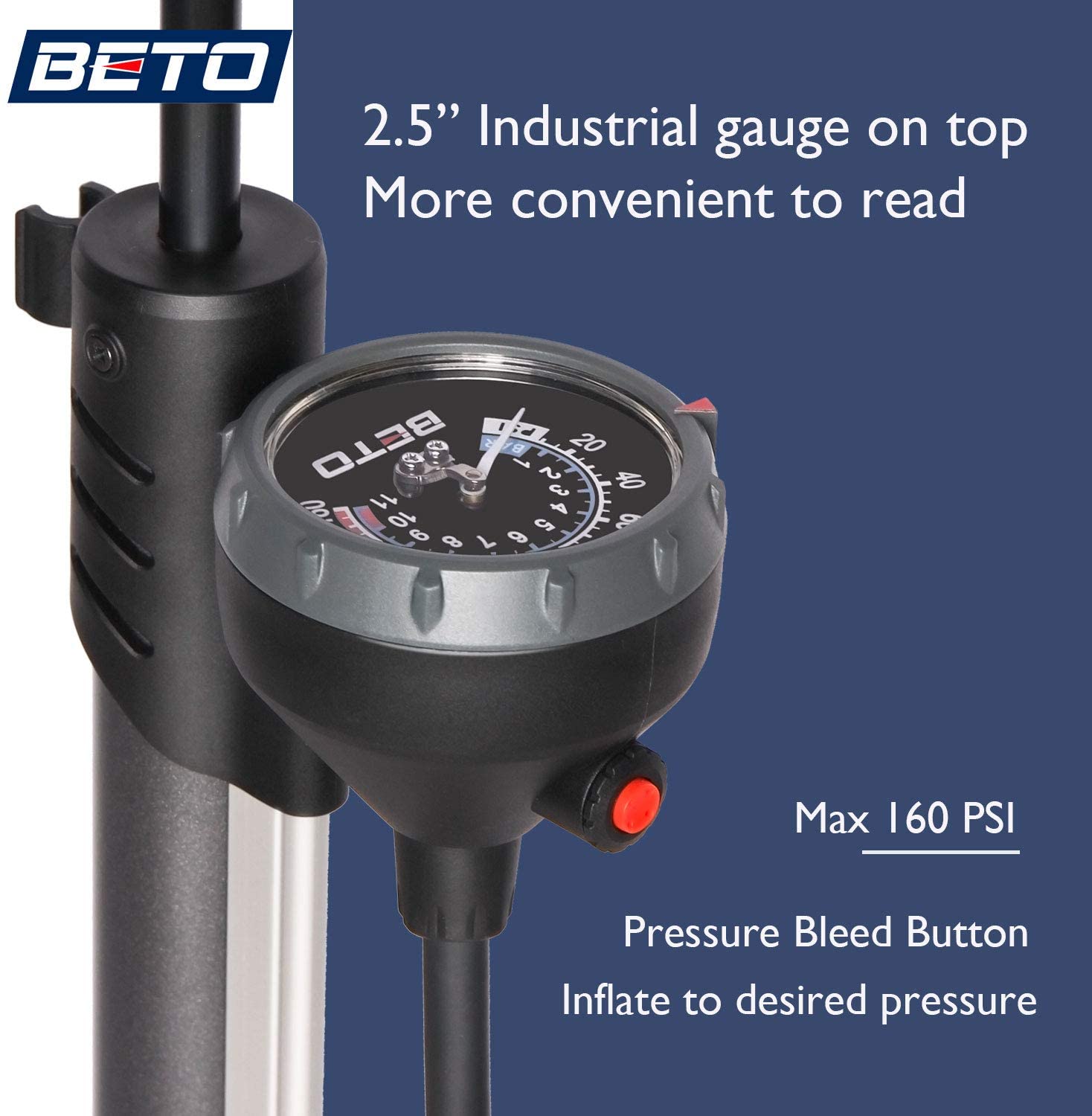 Beto Bomba de Piso Ergonômica para Bicicleta com Medidor e Válvula Inteligente 160 PSI Preto