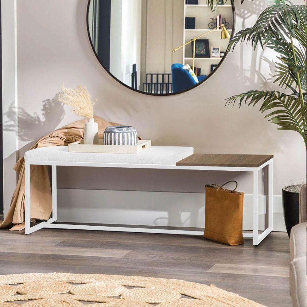 Miniatura Banco Recamier Puff 160cm Industrial Branco Suede Branco Tampo Quadrado Mdf Nogal