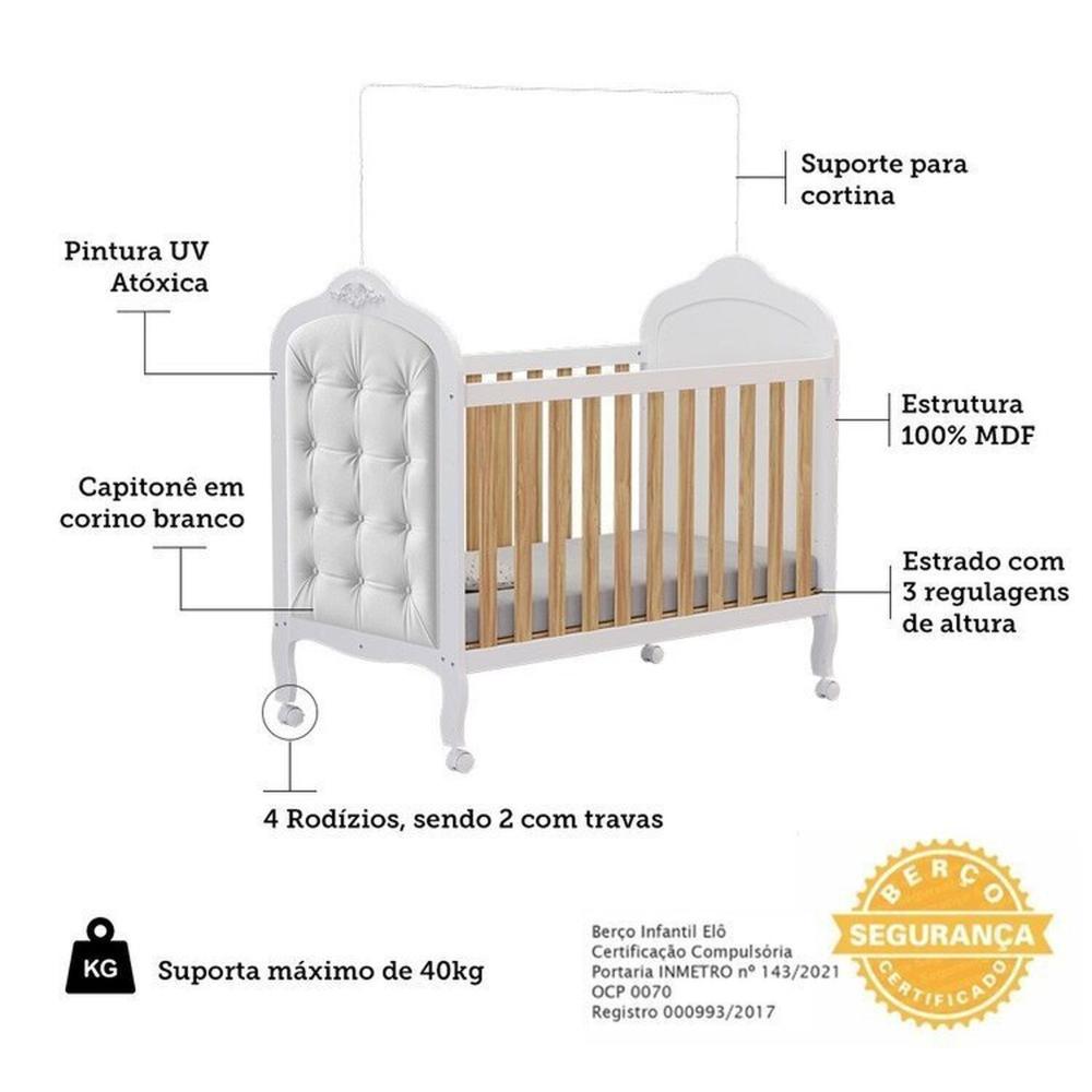 Miniatura Quarto de Bebê com Guarda-Roupa Cômoda e Berço com Capitonê 100% MDF Maya Provençal Espresso Móveis Branco Brilho/Amêndoa/Branco