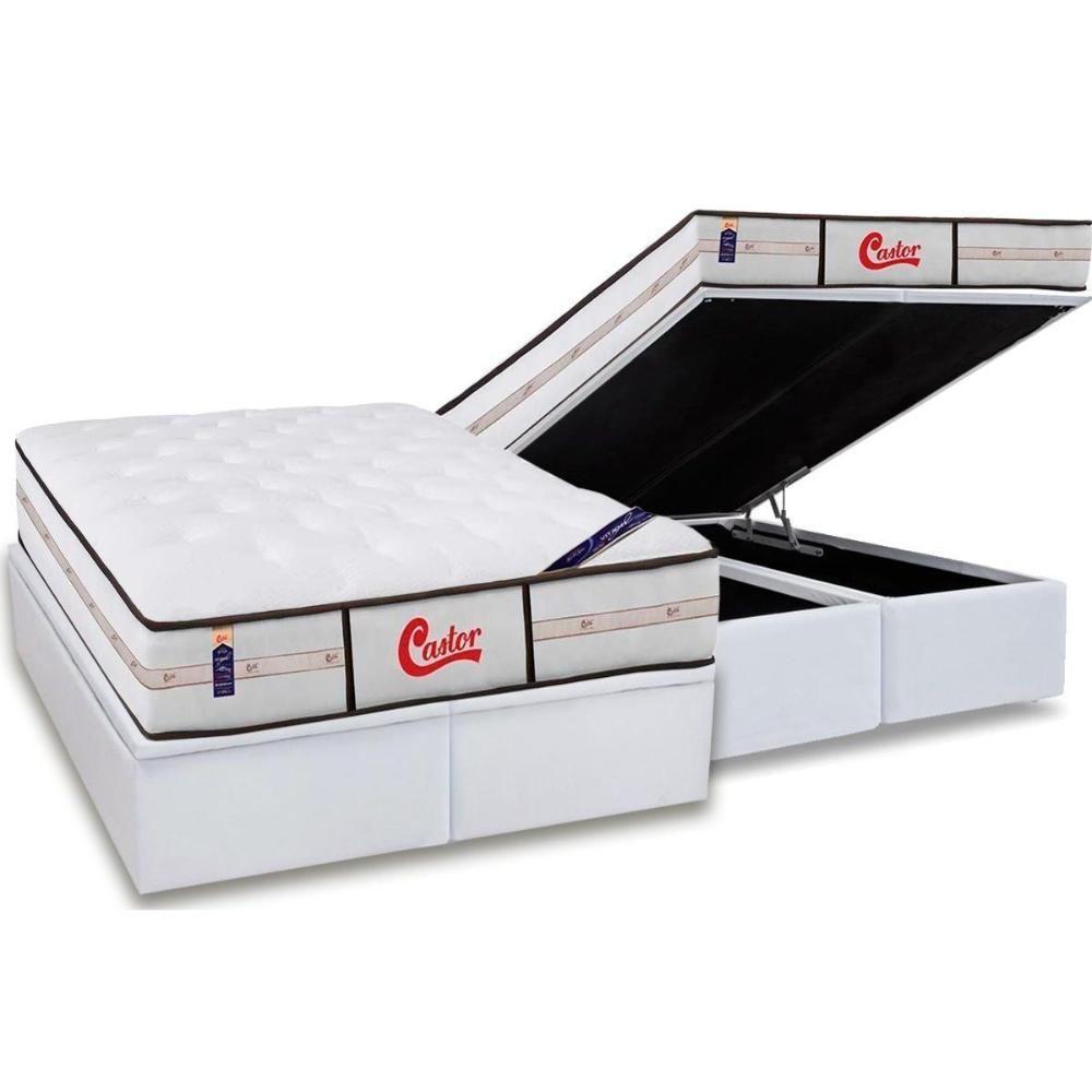 Miniatura Cama Box Baú Queen: Colchão Molas Ensacadas Castor Pocket Vitagel + Base White(158X198)
