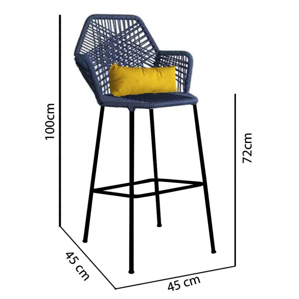 Miniatura Banqueta Alta Com Encosto Sttar Ferro Preto Fibra Azul Marinho Almofada Amarelo