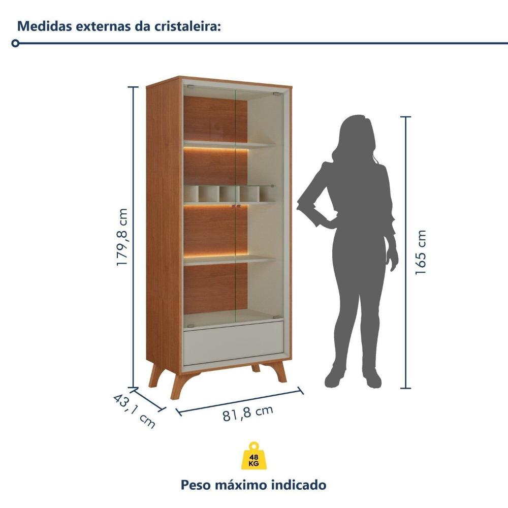 Cristaleira com Adega e Iluminação Led com Pés em Madeira Maciça e 1 Gaveta Prime Naturalle/Off White
