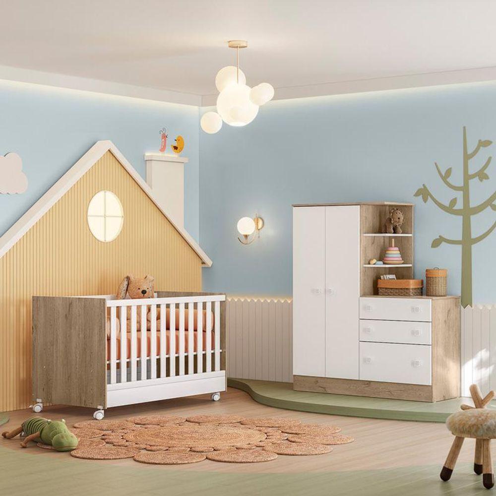 Miniatura Berço E Guarda Roupa Cômoda Soninho Branco/carvalho - Fdecor