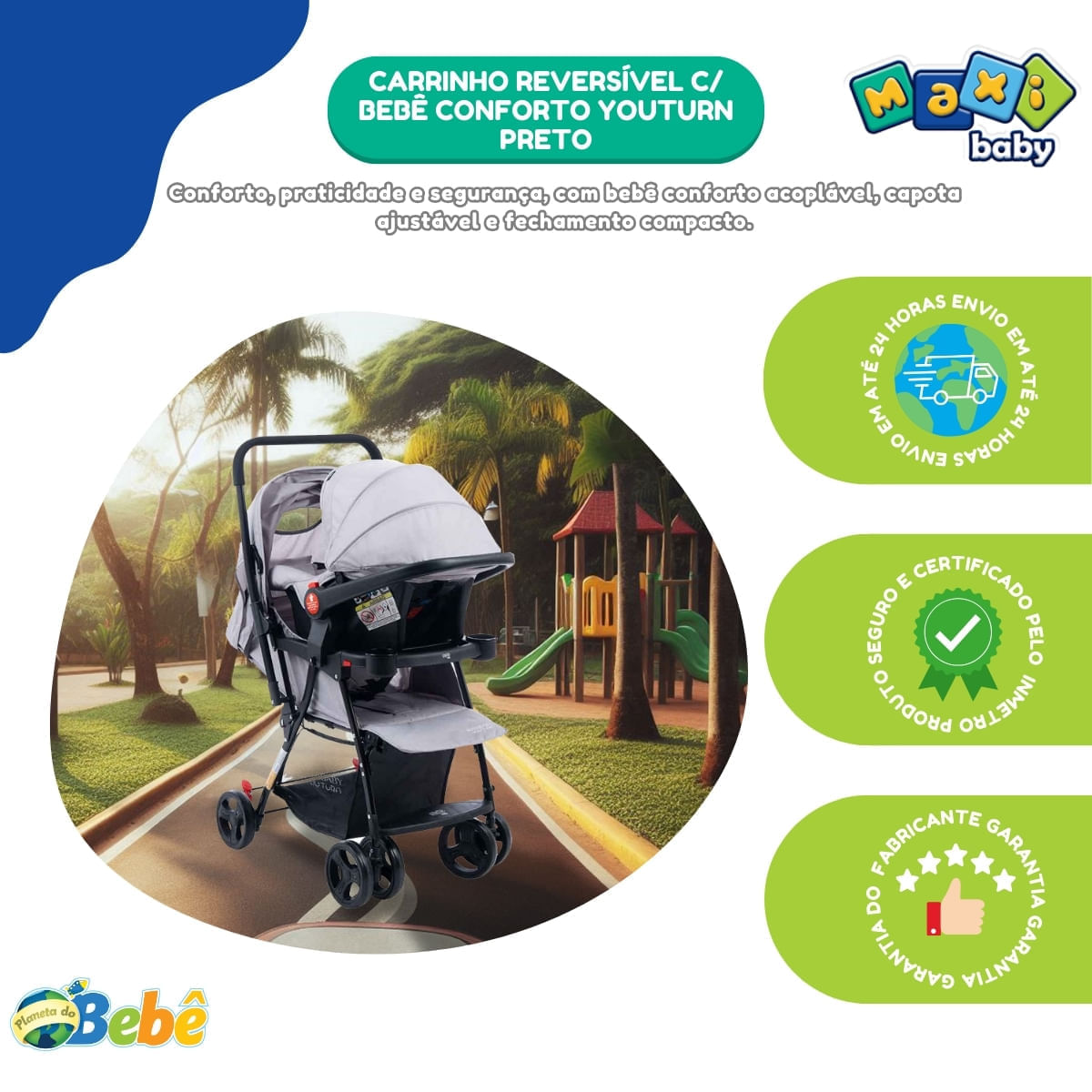 Carrinho de Bebê com Bebê Conforto 2 em 1 Youturn Maxi Baby Cinza