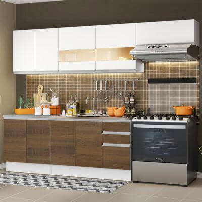 Cozinha Completa Madesa Marcela Com Armário e Balcão (Sem Tampo e Pia) Branco/Rustic/Branco Cor:Branco/Rustic/Branco