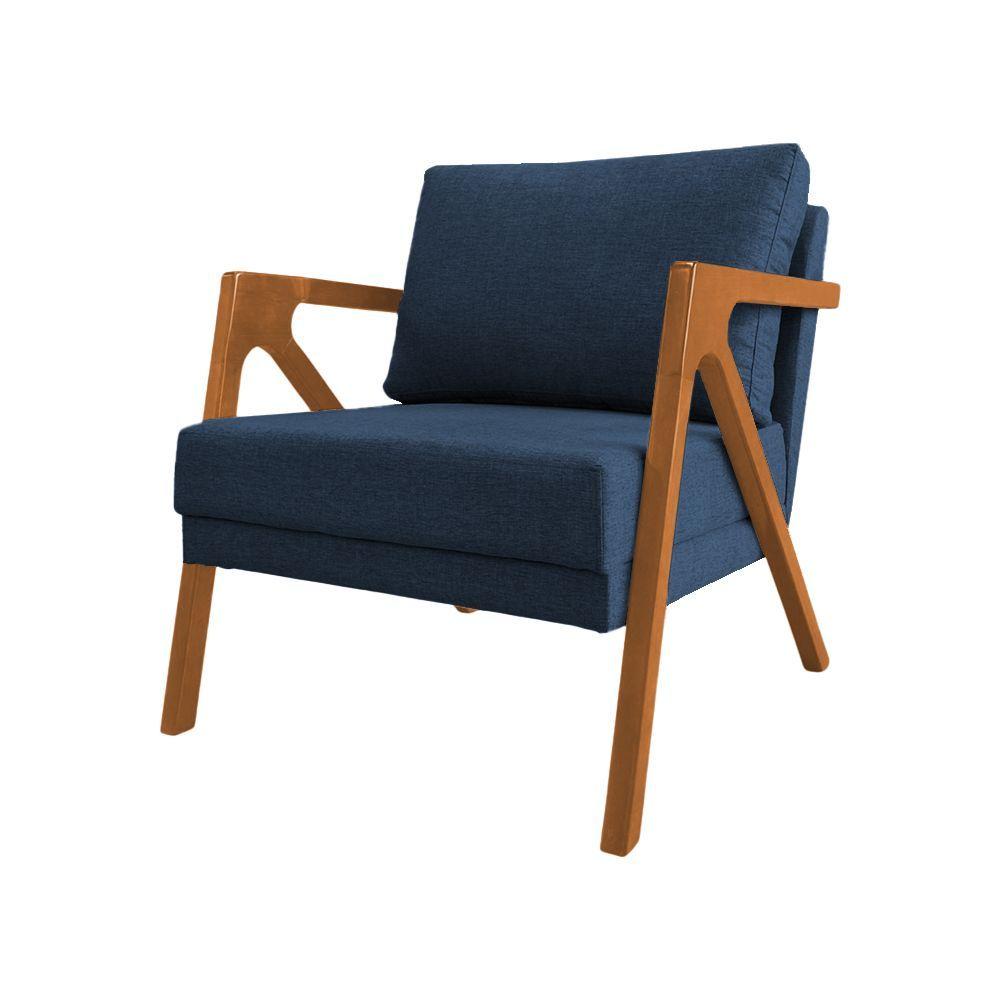 Miniatura Poltrona Mona Monique Luxo Base Madeira Maciça Cerejeira Linho Azul