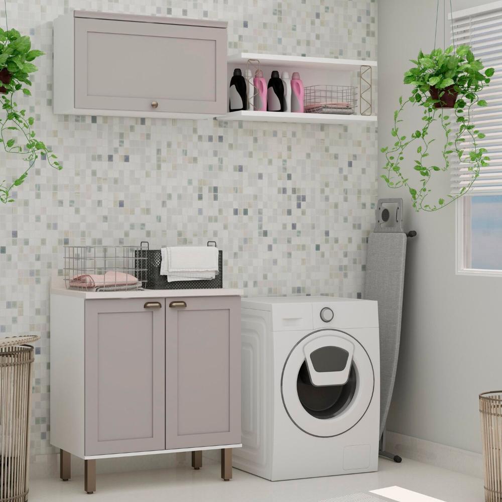 Miniatura Kit Área de Serviço Acquaflex 100% Mdf com Armário, Balcão e Nicho com Metalon Branco/Fendi