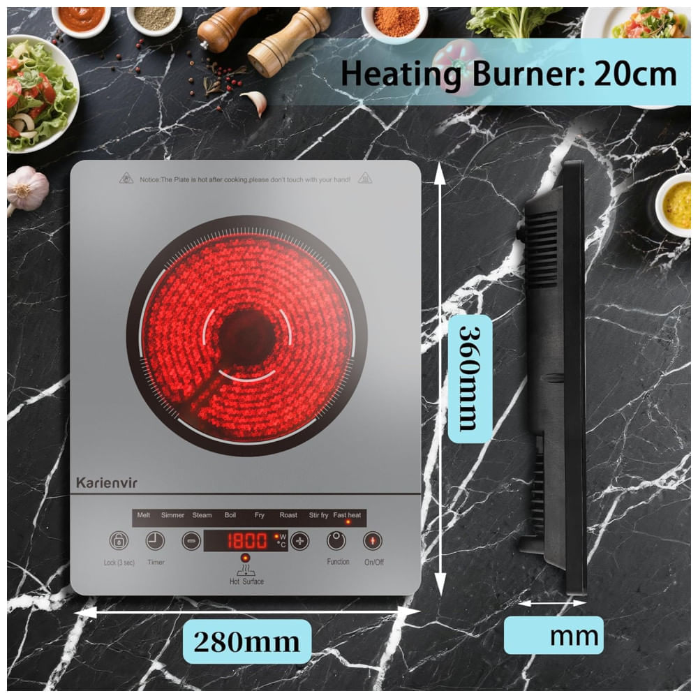 Cooktop Elétrico de Uma Boca, Fogão Elétrico Portátil 110V, Controle por Toque, Trava de Segurança, Timer - Níveis de Potência, 1800W Cinza,Karienvir