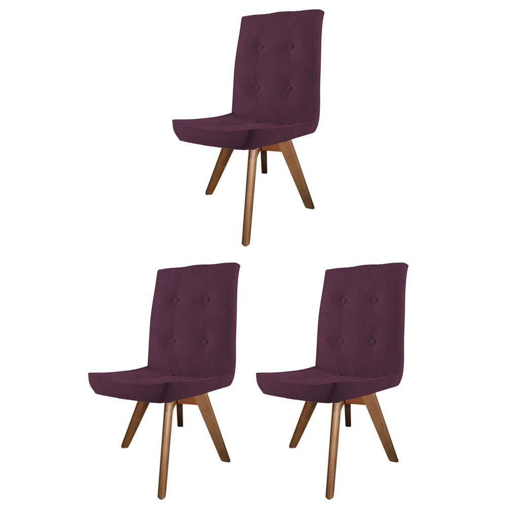 Miniatura Conjunto 03 Cadeira De Jantar Drop Com Botão Base Giratória Caramelo Suede Roxo