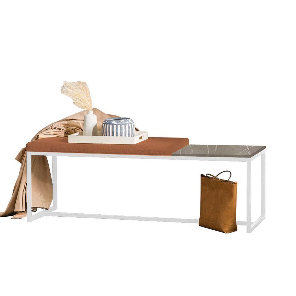 Miniatura Banco Recamier Puff 140cm Industrial Branco Suede Terracota Tampo Quadrado Mdf Marmorizado