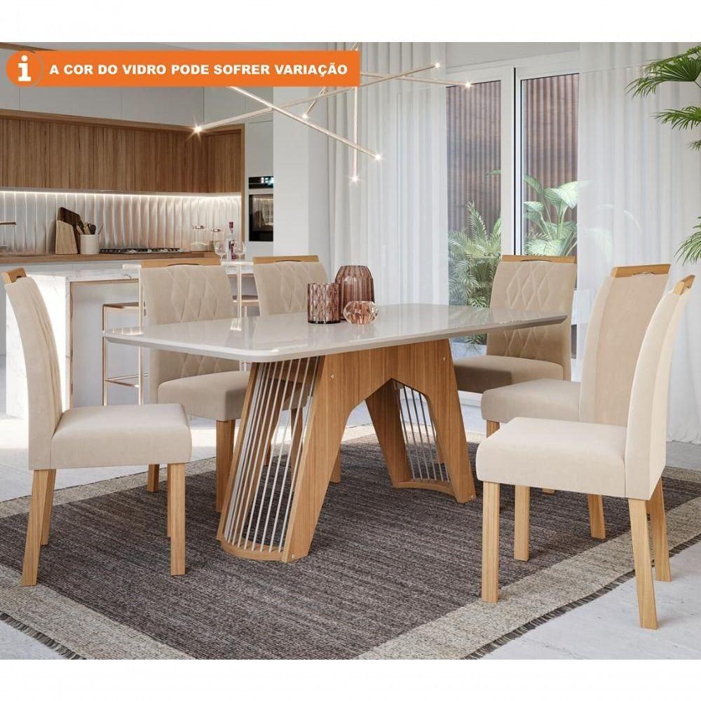 Conjunto Sala De Jantar Paloma 180x90 Tampo Em Mdf/vidro 6 Cadeiras Nature/off White/madeira/nude