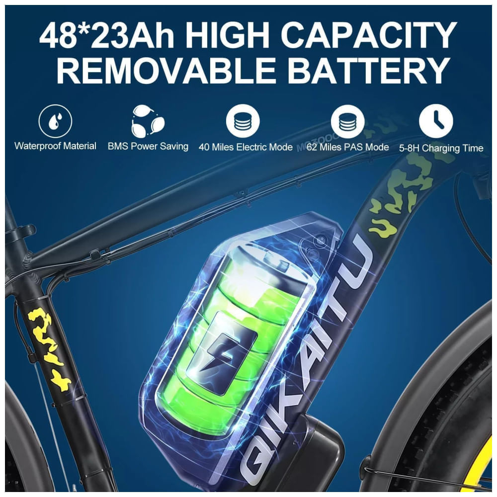 Bicicleta Elétrica com Motor Duplo 2000W, Bateria Removível 48V 23Ah UL2849, Quadro em Alumínio 6061, Pneus 26x4”, Suspensão com Trava, Freios