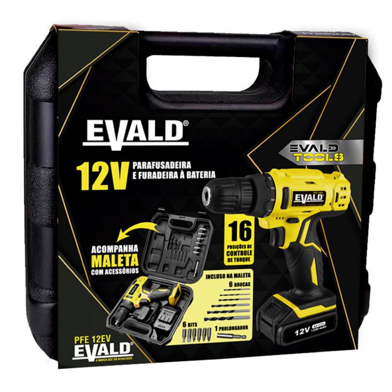 Parafusadeira e Furadeira à Bateria 12V Bivolt PFE-12EV com Maleta e Kit EVALD Bivolt