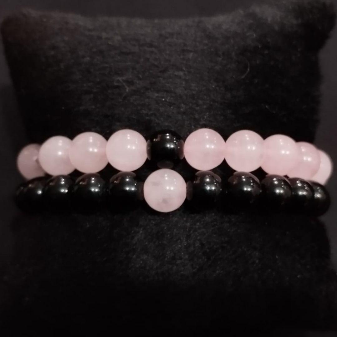 Miniatura Pulseira Quartzo Rosa E Preto Par Casal Kit 2 Un Combo
