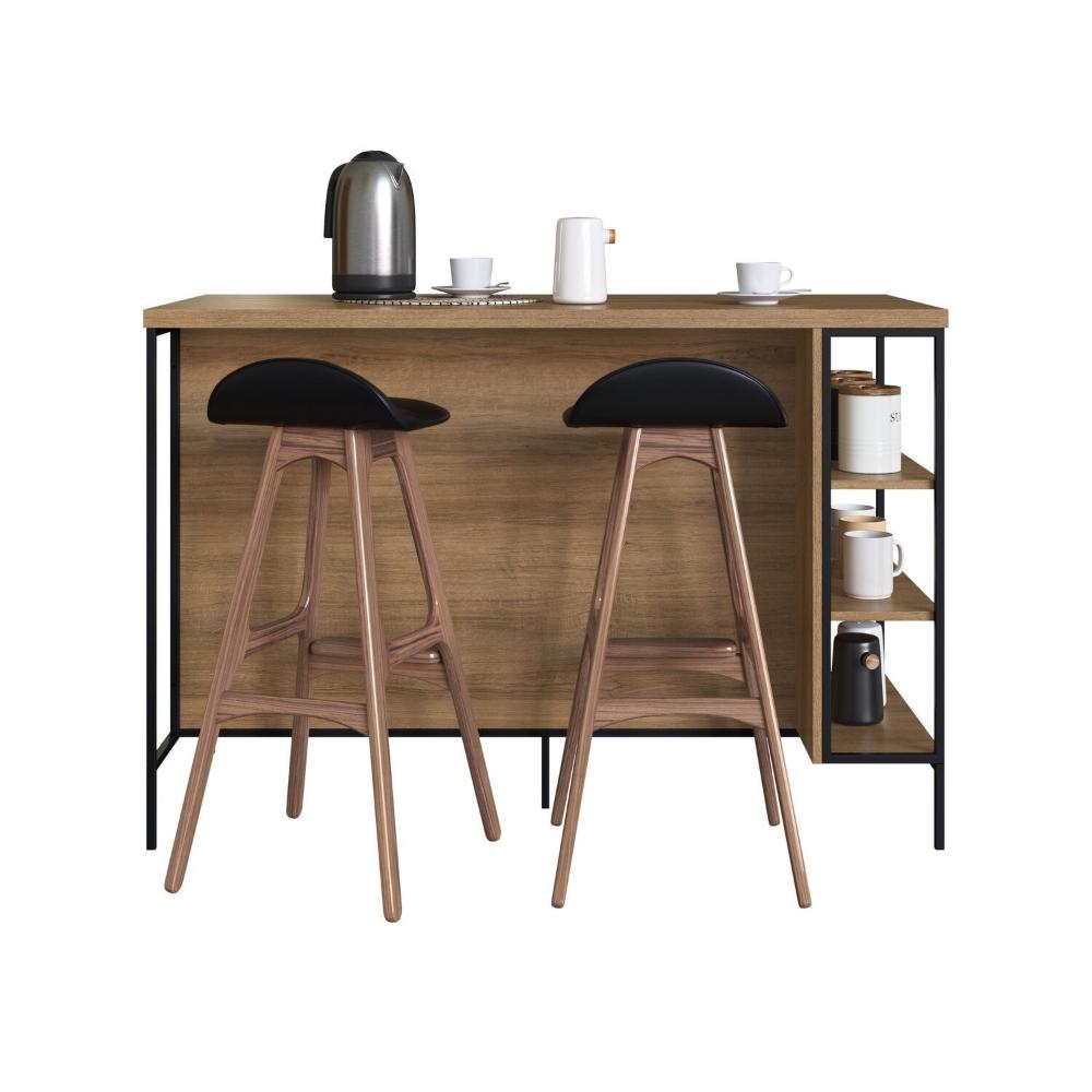 Miniatura Mesa Bancada Gourmet Estilo Industrial 131cm com Armario 2 Portas Preto/Mel/ Grafite