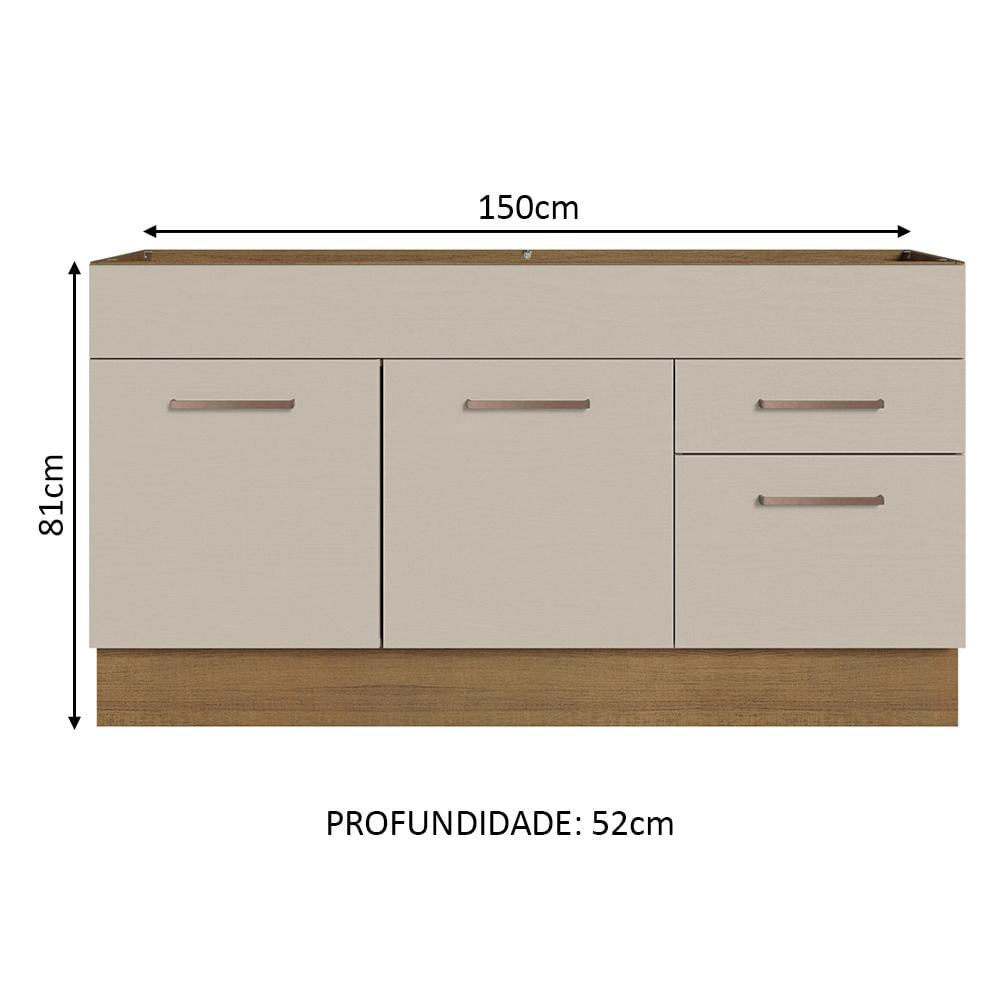 Miniatura Balcão Gabinete de Pia Cozinha 150 cm 2 Portas e 2 Gavetas (Sem Tampo e Pia) Rustic/Crema Agata Madesa Rustic/Crema