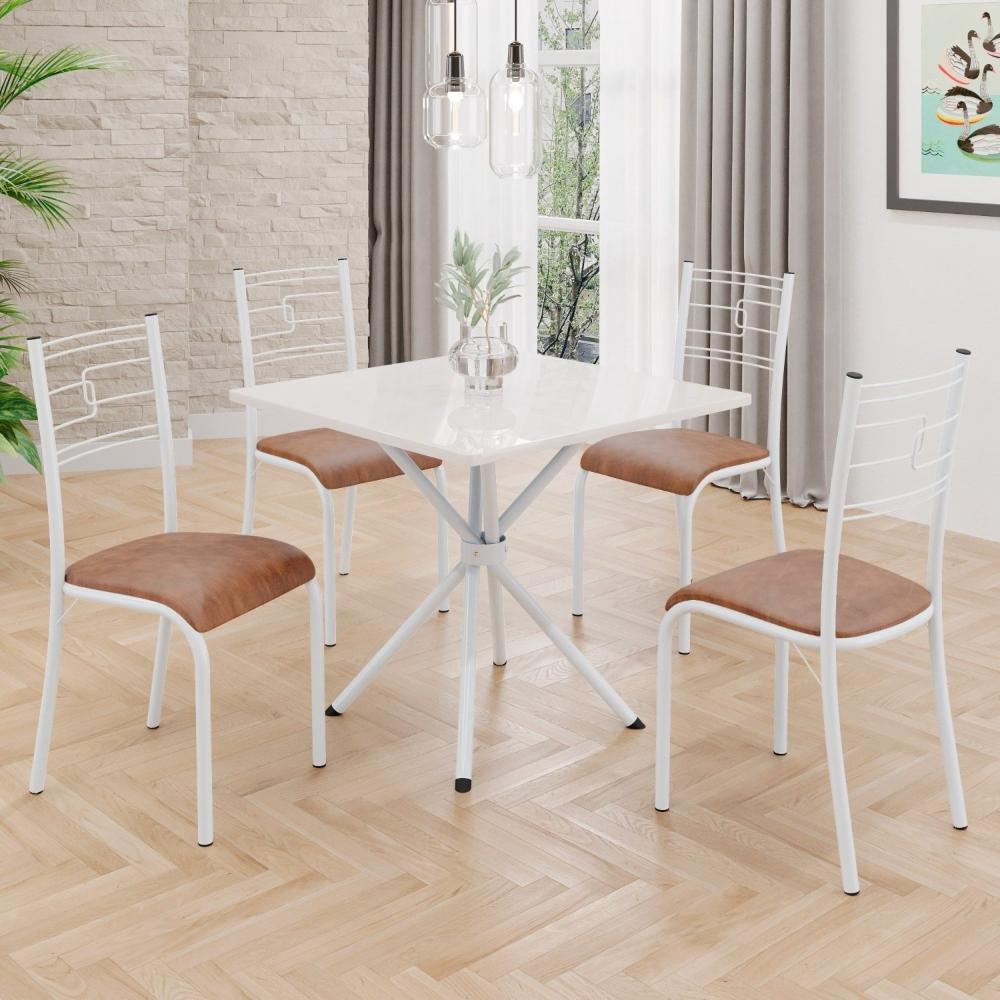 Miniatura Conjunto Sala de Jantar Mesa Quadrada 70x70cm Tampo Mdp Off White 4 Cadeiras Paraty Courino Marrom / Branco