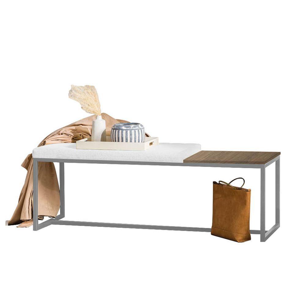 Miniatura Banco Recamier Puff 160cm Industrial Prata Corino Branco Tampo Quadrado Mdf Nogal